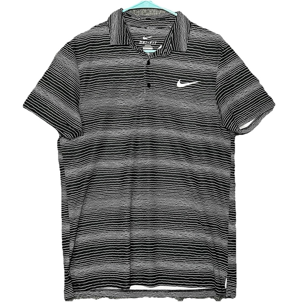 Nike Men's Grey/Black Stripe Dri-Fit Polo - MEDIUM